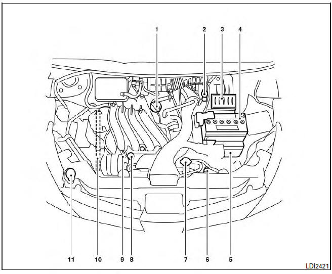 Nissan Tiida. Puntos de inspección en el compartimiento del motor
